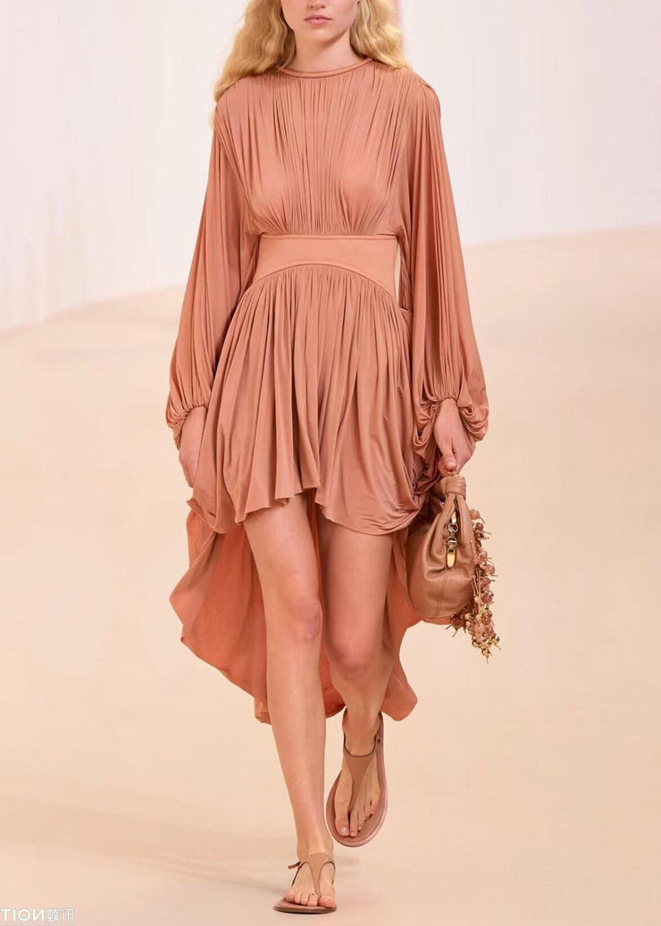 New Coffee Wrinkled Low High Design Cotton Long Dress Batwing Sleeve