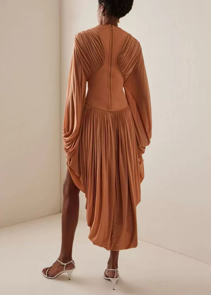New Coffee Wrinkled Low High Design Cotton Long Dress Batwing Sleeve