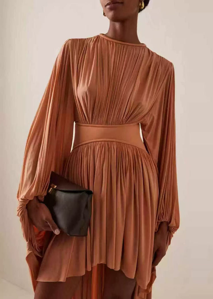 New Coffee Wrinkled Low High Design Cotton Long Dress Batwing Sleeve
