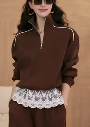 New Coffee Zip Up Lace Patchwork Cotton Sweatshirts Top Fall