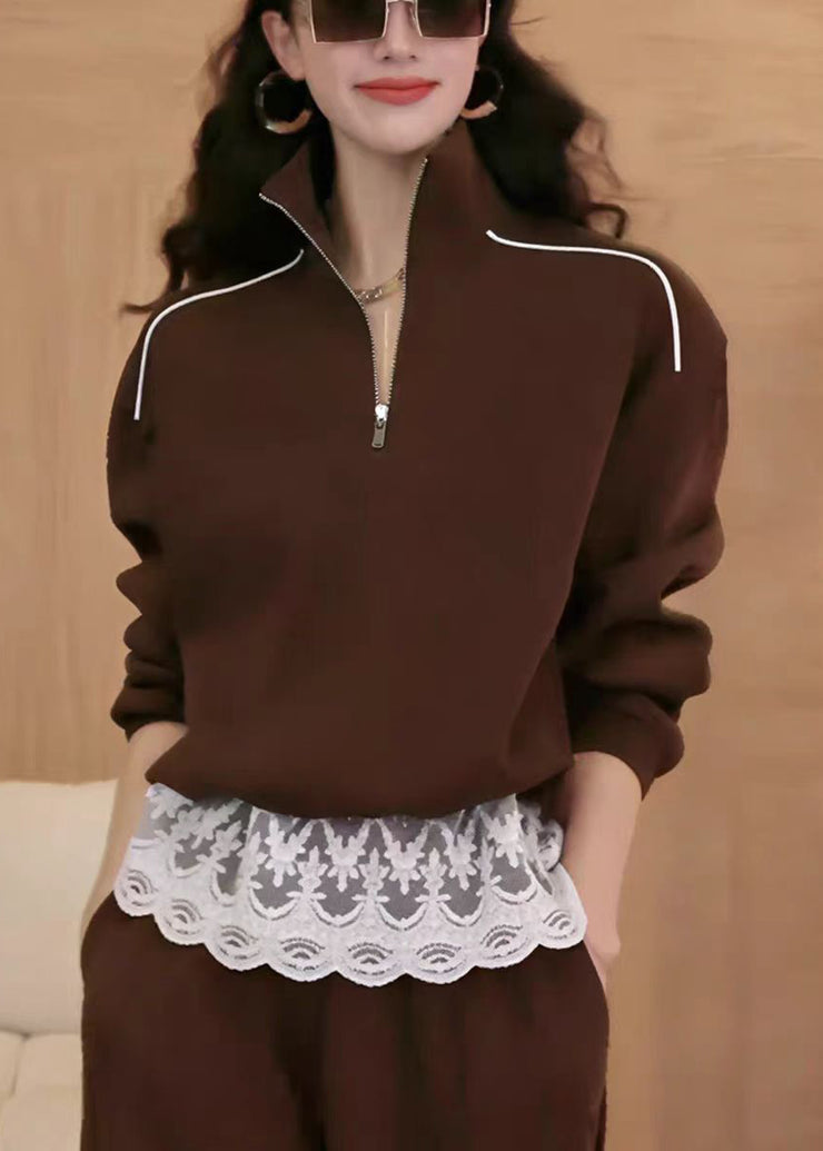 New Coffee Zip Up Lace Patchwork Cotton Sweatshirts Top Fall