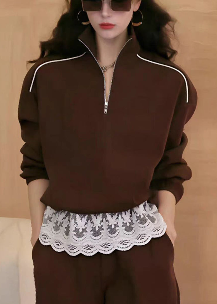 New Coffee Zip Up Lace Patchwork Cotton Sweatshirts Top Fall