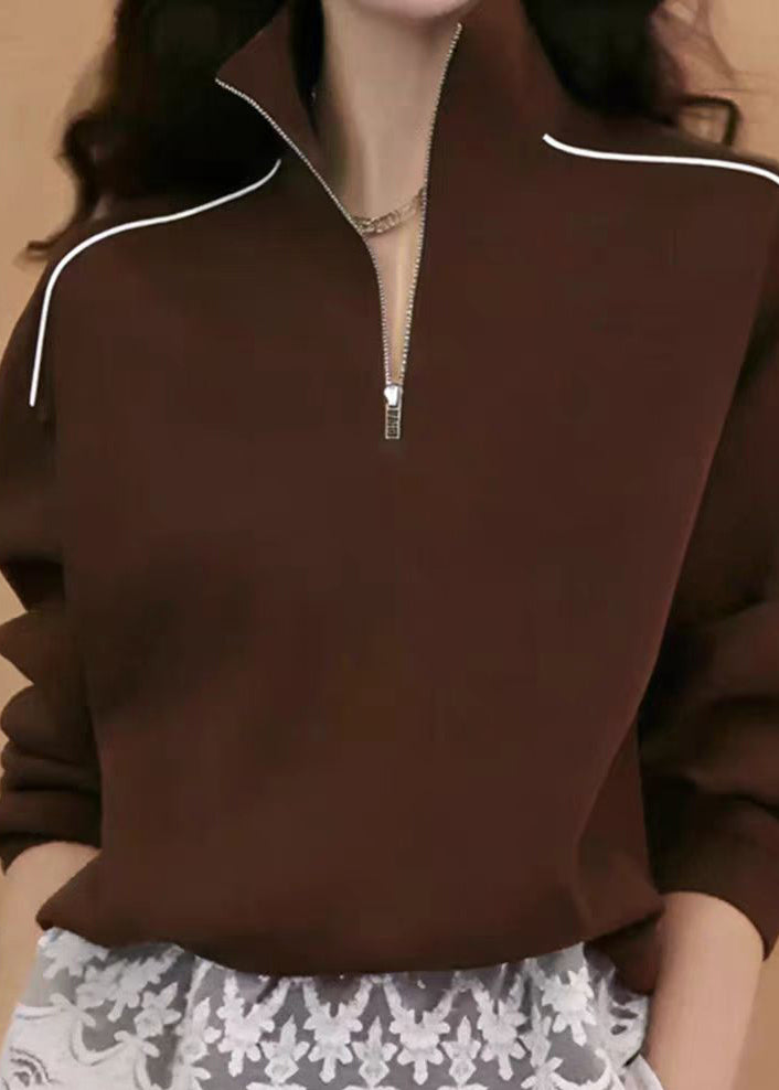 New Coffee Zip Up Lace Patchwork Cotton Sweatshirts Top Fall