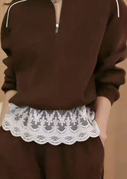 New Coffee Zip Up Lace Patchwork Cotton Sweatshirts Top Fall