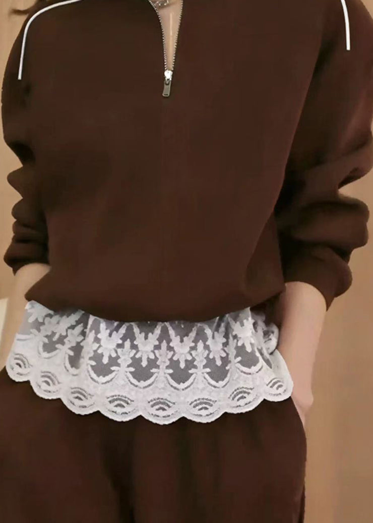 New Coffee Zip Up Lace Patchwork Cotton Sweatshirts Top Fall