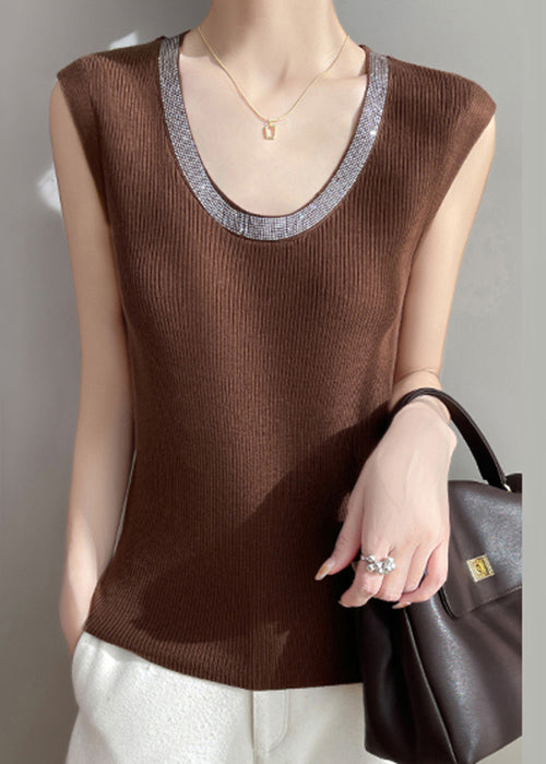 New Coffee Zircon Cozy Solid Knit Tank Sleeveless