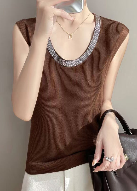 New Coffee Zircon Cozy Solid Knit Tank Sleeveless