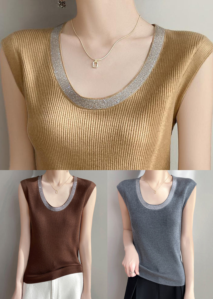 New Coffee Zircon Cozy Solid Knit Tank Sleeveless