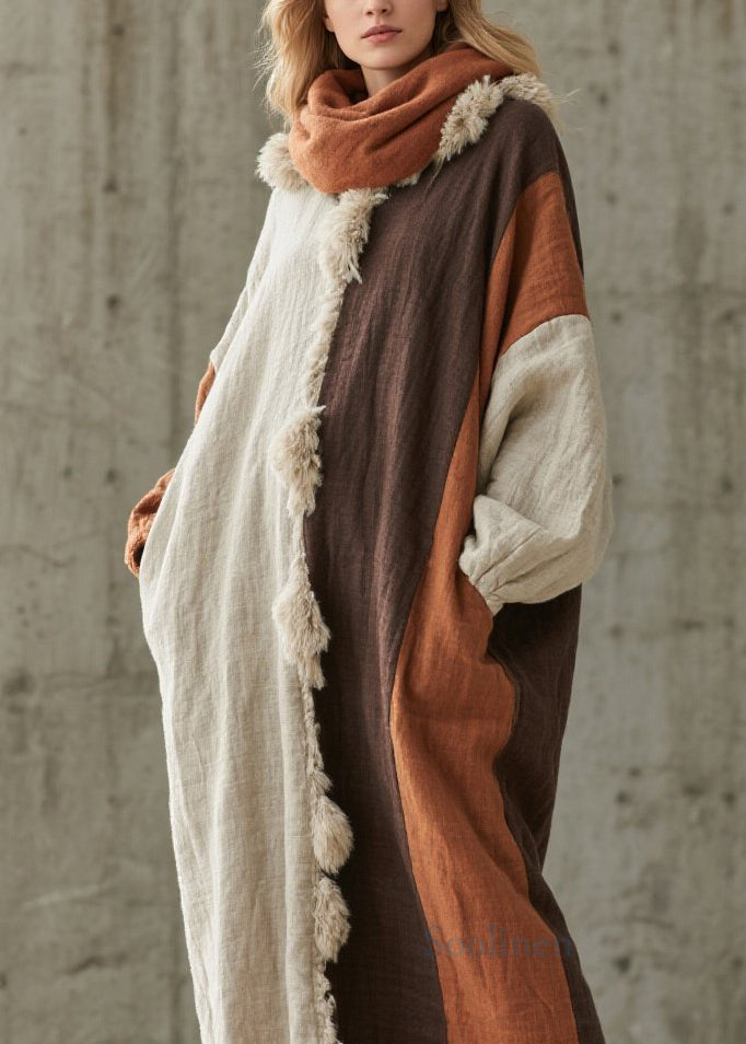 New Colorblock Fuzzy Fur Fluffy Patchwork Cotton Maxi Dresses Fall