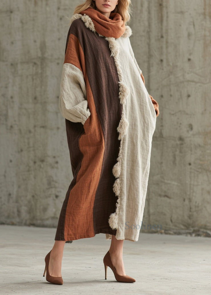 New Colorblock Fuzzy Fur Fluffy Patchwork Cotton Maxi Dresses Fall