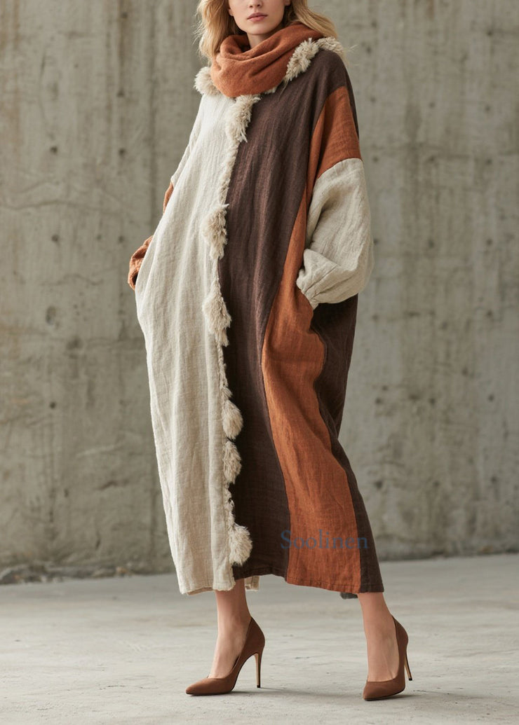 New Colorblock Fuzzy Fur Fluffy Patchwork Cotton Maxi Dresses Fall