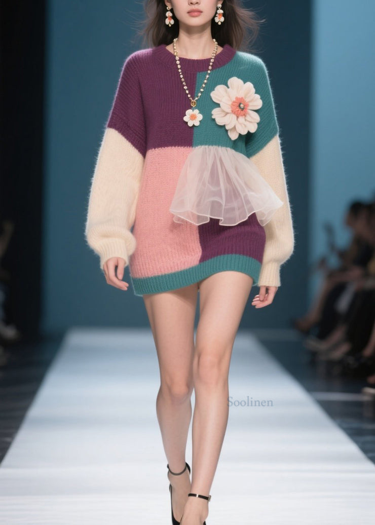 New Colorblock O Neck Floral Tulle Patchwork Knit Pullover Fall