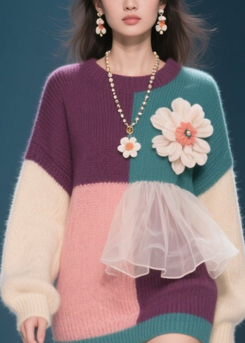 New Colorblock O Neck Floral Tulle Patchwork Knit Pullover Fall