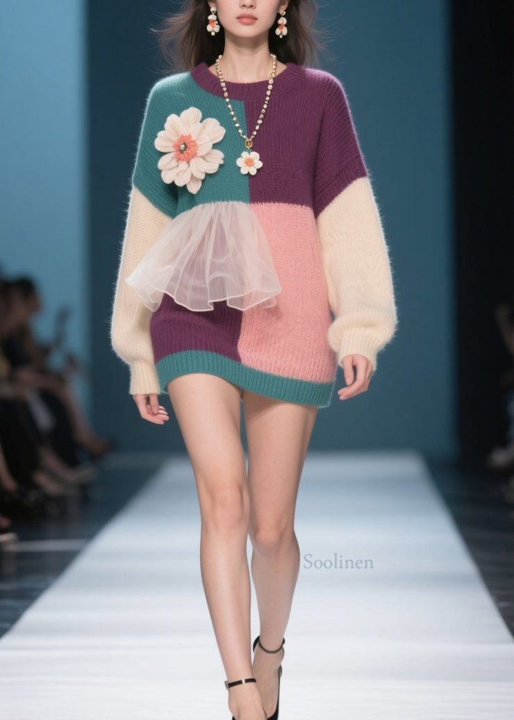 New Colorblock O Neck Floral Tulle Patchwork Knit Pullover Fall