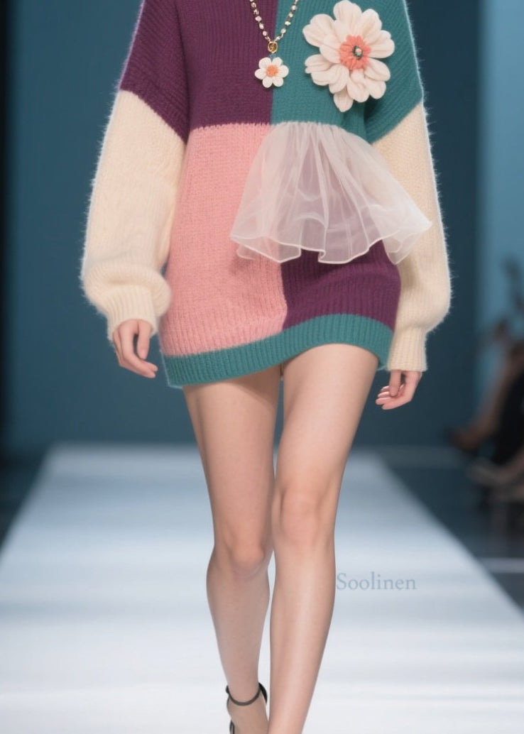 New Colorblock O Neck Floral Tulle Patchwork Knit Pullover Fall
