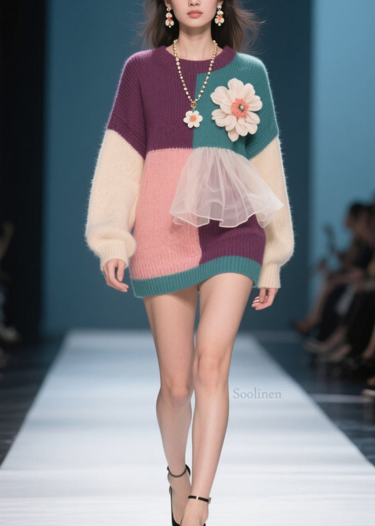 New Colorblock O Neck Floral Tulle Patchwork Knit Pullover Fall