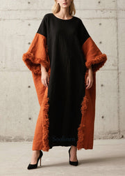 New Colorblock O Neck Fuzzy Fur Patchwork Cotton Long Dress Fall