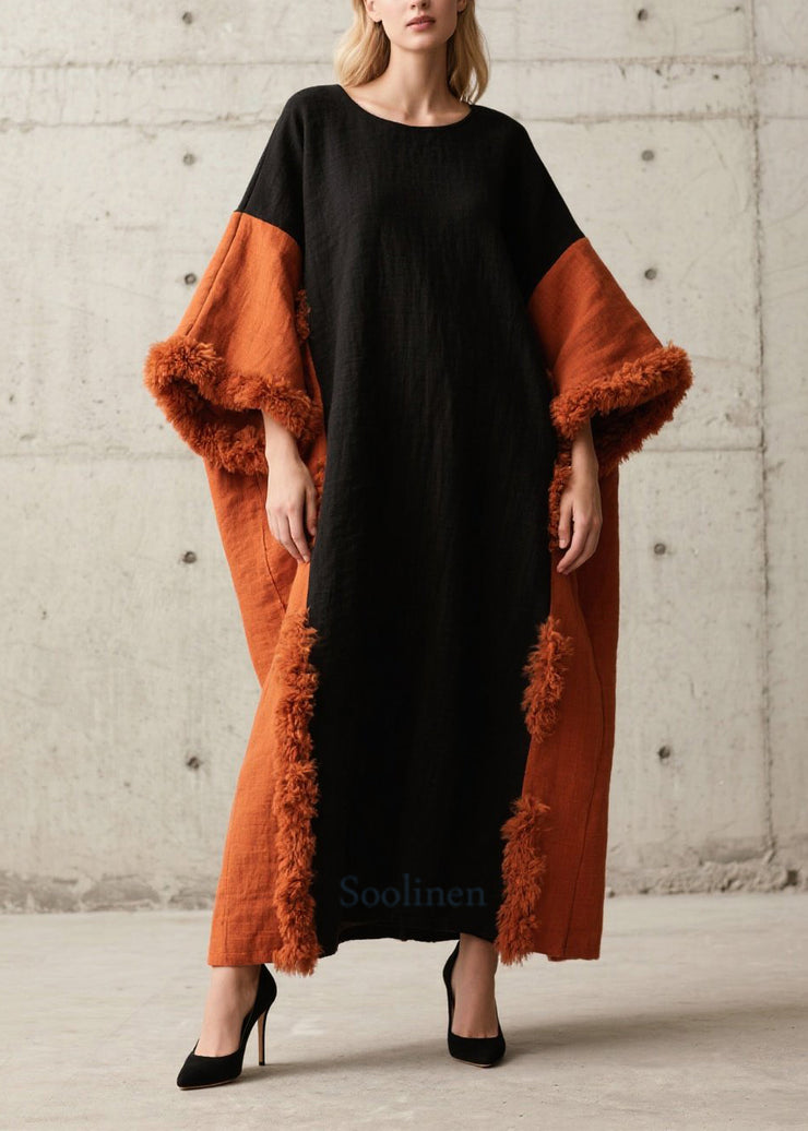 New Colorblock O Neck Fuzzy Fur Patchwork Cotton Long Dress Fall