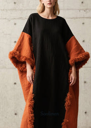 New Colorblock O Neck Fuzzy Fur Patchwork Cotton Long Dress Fall