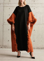 New Colorblock O Neck Fuzzy Fur Patchwork Cotton Long Dress Fall