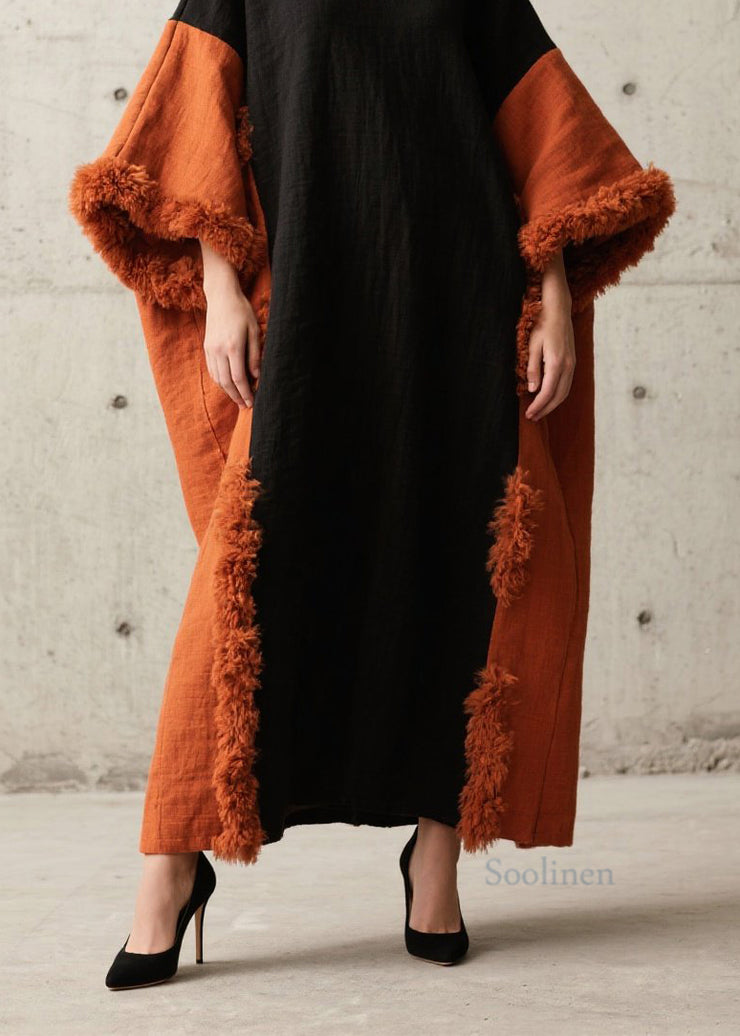 New Colorblock O Neck Fuzzy Fur Patchwork Cotton Long Dress Fall