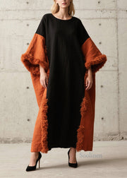 New Colorblock O Neck Fuzzy Fur Patchwork Cotton Long Dress Fall