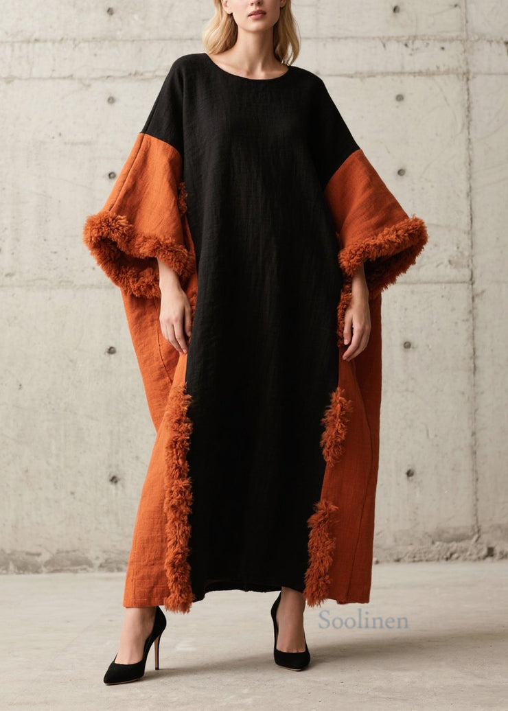 New Colorblock O Neck Fuzzy Fur Patchwork Cotton Long Dress Fall