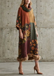 New Colorblock Print Fuzzy Fur Patchwork Cotton Long Dress Fall