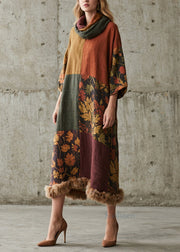 New Colorblock Print Fuzzy Fur Patchwork Cotton Long Dress Fall