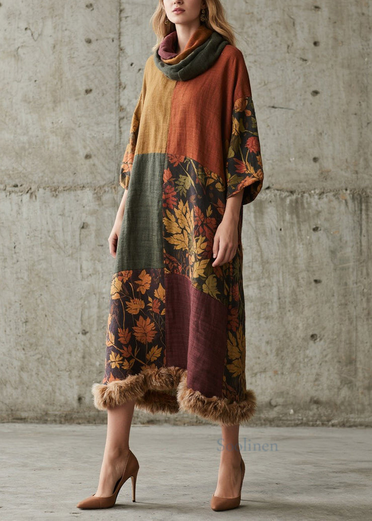 New Colorblock Print Fuzzy Fur Patchwork Cotton Long Dress Fall