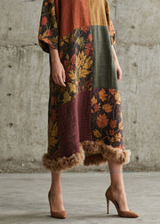New Colorblock Print Fuzzy Fur Patchwork Cotton Long Dress Fall