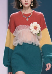 New Colorblock Tulle Ruffled Floral Knit Sweater Dress Winter