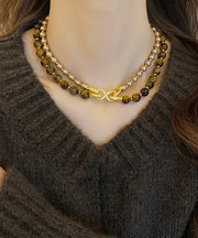 New Copper Tiger's-Eye Pearl Double-Layer Gratuated Bead Necklace