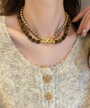 New Copper Tiger's-Eye Pearl Double-Layer Gratuated Bead Necklace