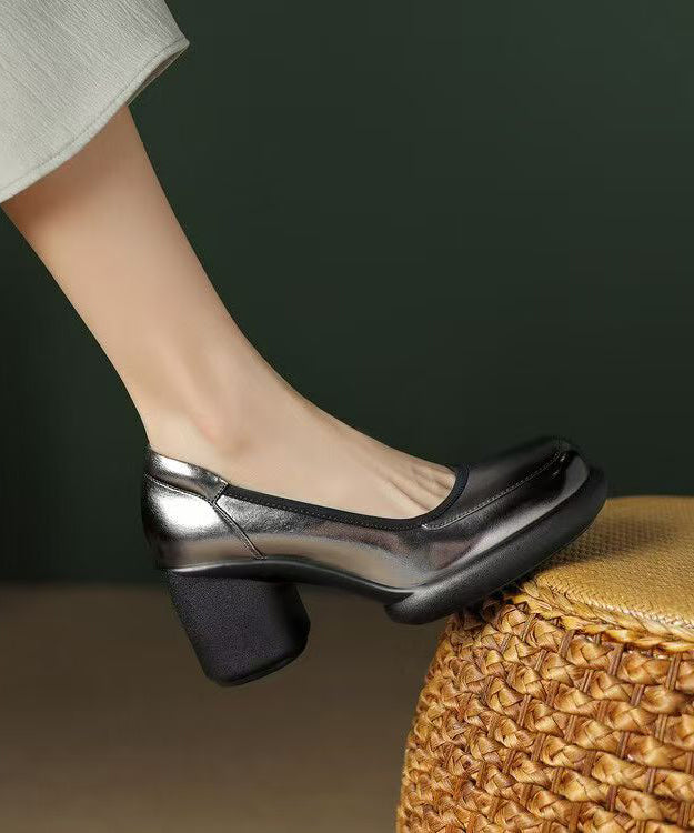 New Cowhide Leather Splicing Dark Grey Chunky Heel High Heels