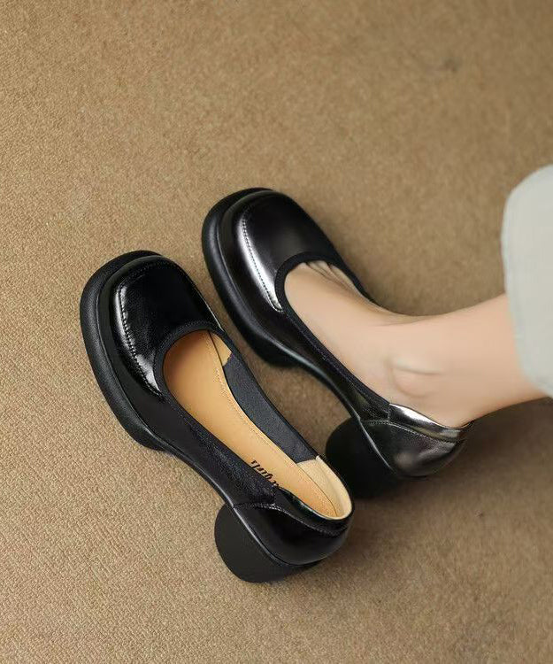 New Cowhide Leather Splicing Dark Grey Chunky Heel High Heels