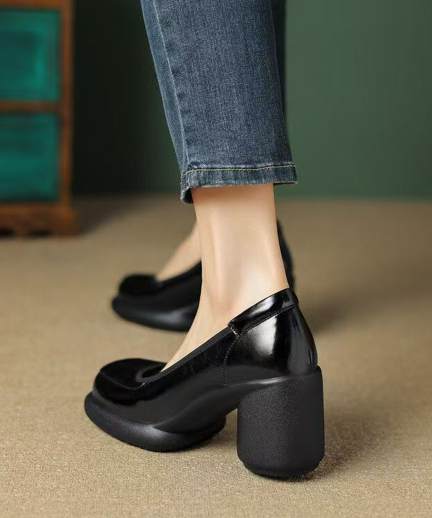 New Cowhide Leather Splicing Dark Grey Chunky Heel High Heels