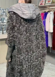 New Dark Gray Original Design Patchwork Leather And Fur Coats