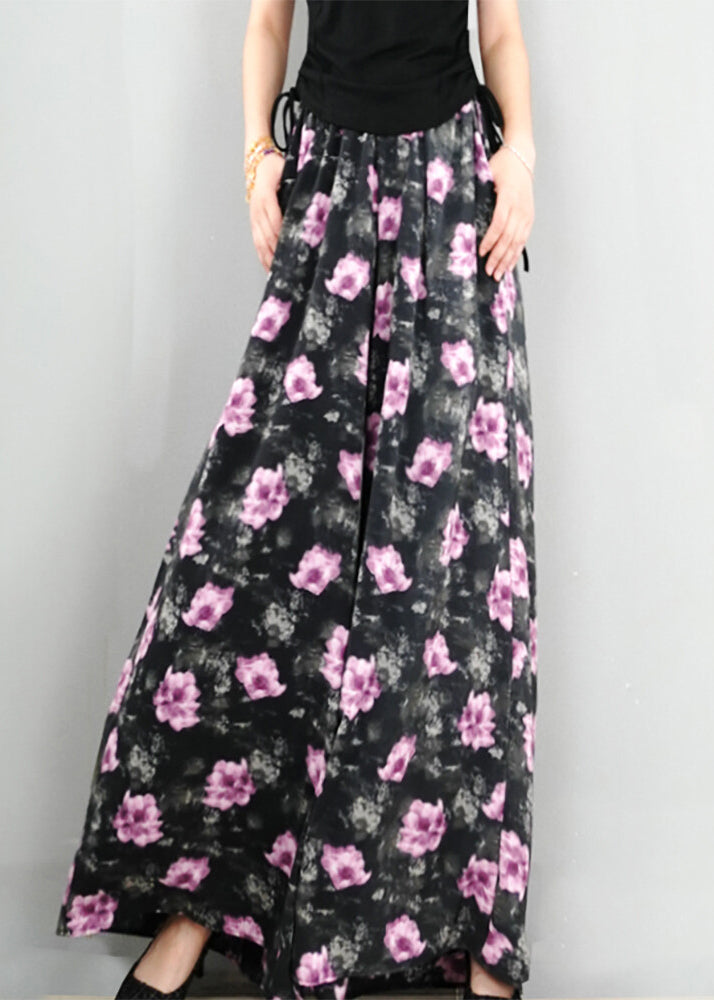New Dark Gray Print Elastic Waist Cotton Wide Leg Pants Summer