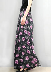 New Dark Gray Print Elastic Waist Cotton Wide Leg Pants Summer
