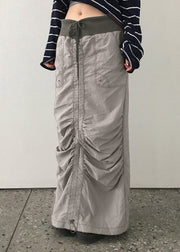 New Dark Grey Wrinkled Lace Up Elastic Waist Patchwork Cotton Skirts Fall