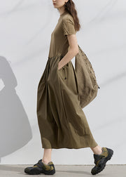 New Dark Khaki Pockets Wrinkled Patchwork Cotton Dresses Summer