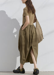 New Dark Khaki Pockets Wrinkled Patchwork Cotton Dresses Summer
