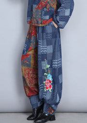 New Denim Blue Embroidered Pockets Cotton Pants Spring