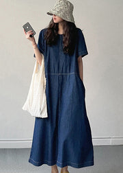 New Denim Blue O Neck Pockets Long Dress Summer