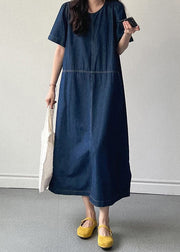 New Denim Blue O Neck Pockets Long Dress Summer