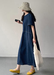 New Denim Blue O Neck Pockets Long Dress Summer