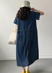 New Denim Blue O Neck Pockets Long Dress Summer