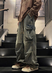 New Denim Blue Wrinkled Pockets Elastic Waist Mens Pants Spring