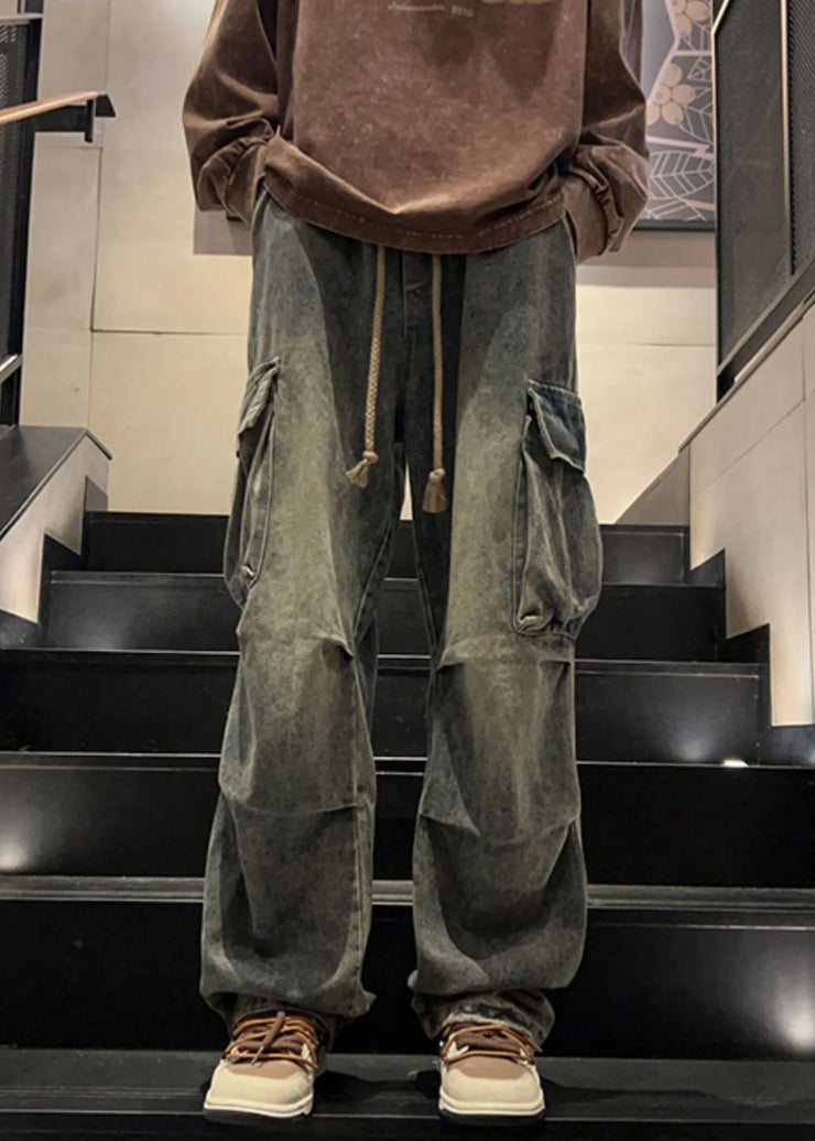 New Denim Blue Wrinkled Pockets Elastic Waist Mens Pants Spring